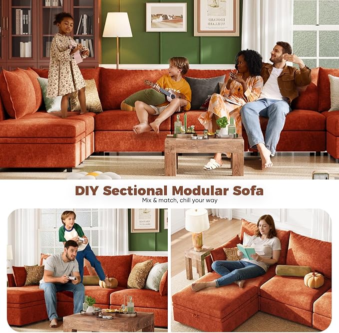 ABCASA 103.5 Oversized Modular Sectional Sofa L Shaped Convertible Couch with Movable Ottoman Large 6 Seat Corner Couches for Living Room Deep Seat- Terracotta Orange Chenille