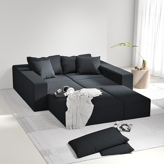 KEIKI Sectional Sofa Couch Set Modular 132 L Shaped Couch Set with 6 Pillows Free Combination Upholstered Sofa Couch for Living Room Bedroom Black