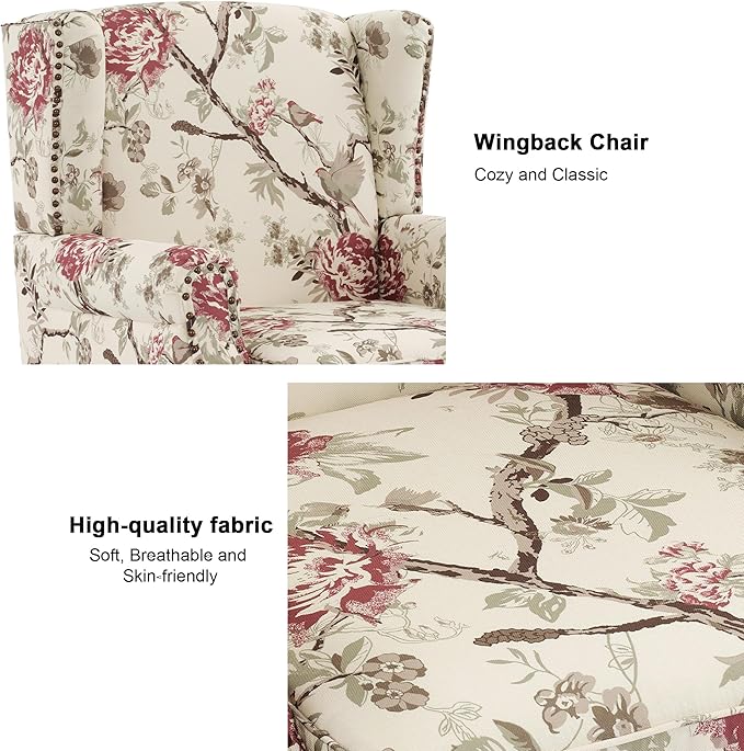 Floral High Back Accent Chair Upholstered Armchair with Solid Wood Legs Comfy Wingback Reading Single Sofa Chair for Small Spaces Living Room Bedroom(Floral Beige Set of 2)