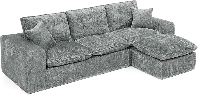 L-Shaped Boneless Modular Sectional Cloud Couches 4 Seat Modular Boucle Floor Foam Boneless Sofa Couch with Ottoman Headrest Pillows and Removable Cushions