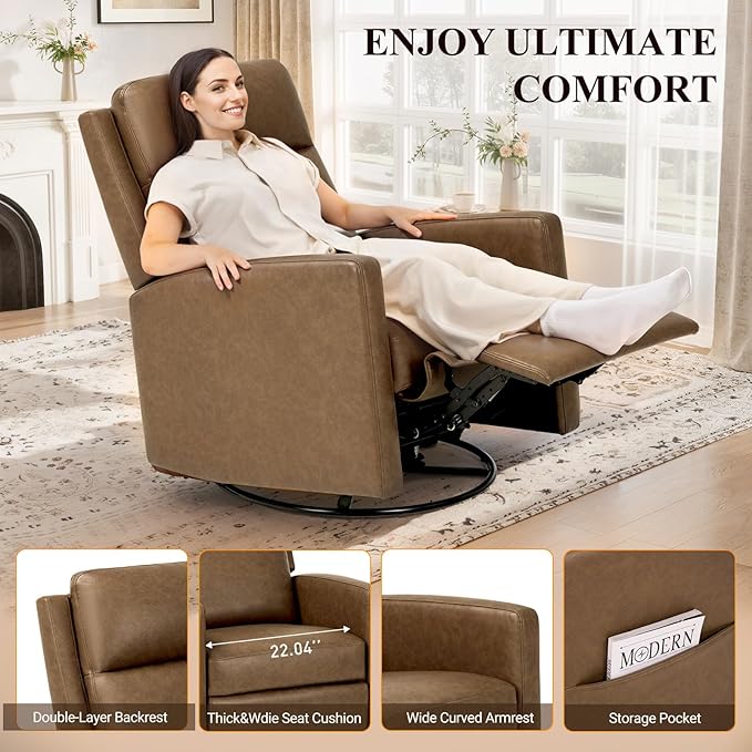 COLAMY Leather Recliner Chair for Adults Swivel Rocker Recliner for Small Spaces Wide Glider Rocking Nursery Chair with Ergonomic High Backrest for Home Living Room Office Bedroom（ Brown）
