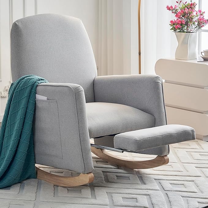 Modern Rocking Chair Nursery Comfy Glider Nursery Chair with Foot Rest Upholstered Rocker with Pocket Accent Reading Armchair with Solid Wood Base for Living Room Bedroom Lounge Room (Light Gray)