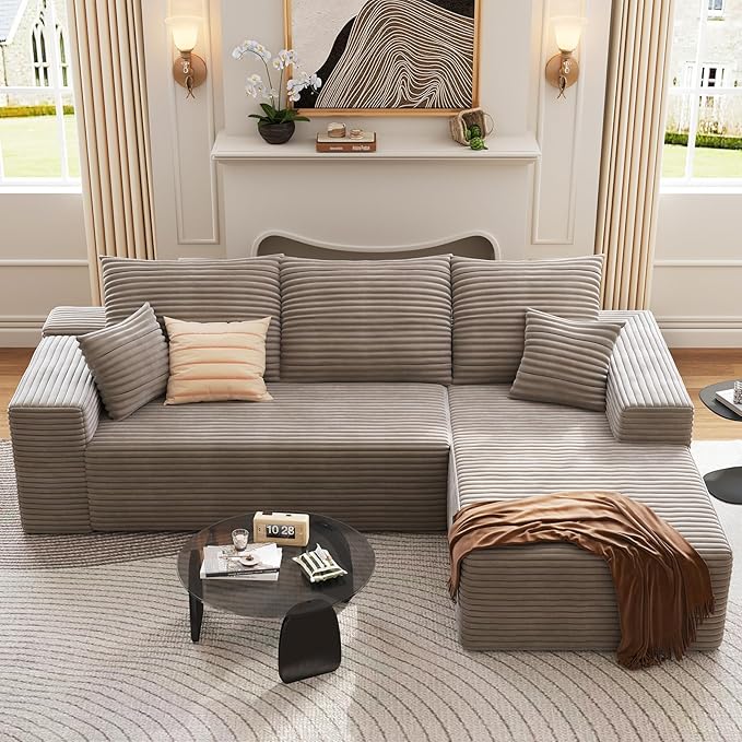 95 Cloud Sectional Couch with L-Shape Chaise Modern Corduroy Boneless Deep Seat Sofa 3-Seater Modular Sleeper Couch for Living Room Bedroom Apartment No Assembly (Camel Right-Facing Chaise)