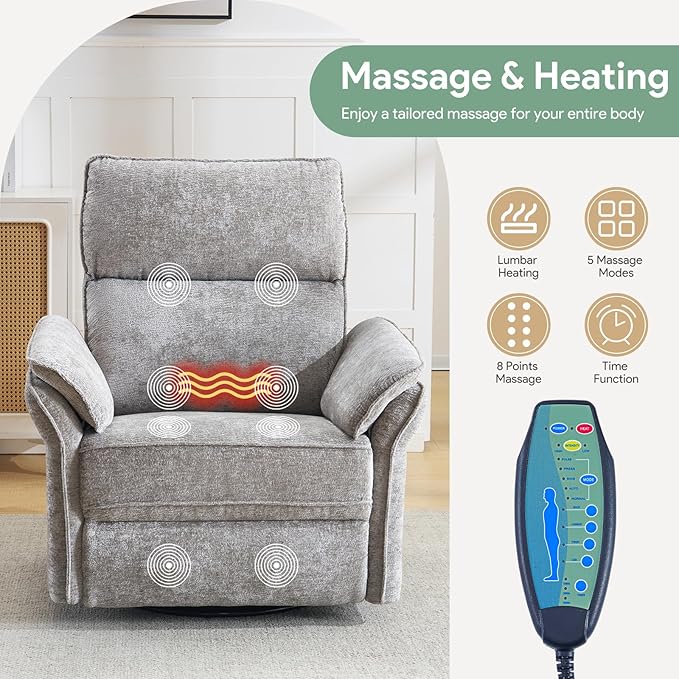 Oversized Power Recliner Chairs for Adults with Massage and Heat Power Swivel Rocker Recliner Chair with Adjustable Headrest 26 Extra Wide Rocker Nursery Recliner with USB Port Light Grey