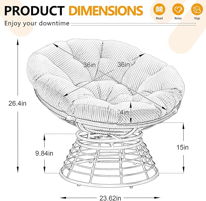 36” Papasan Chair with Cushion and Frame Oversized Papasan Chairs 360° Swivel Olefin Adjustable Feet Suitable for Living Room Patio Bedroom Indoor/Outdoor (Pink)