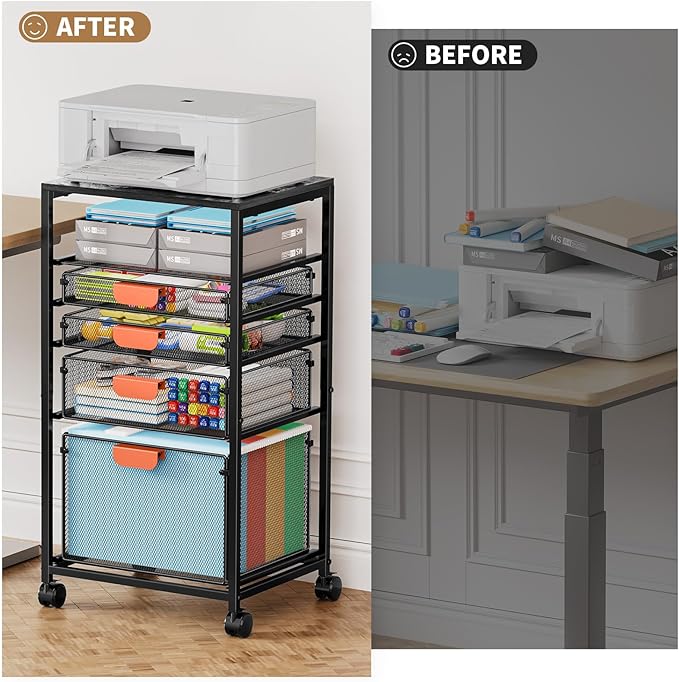 Marbrasse Rolling File Cart with 4 Storage Drawers Mobile File Cabinet on Lockable Wheels Hanging Filing Cabinet Organize Under Desk Utility Cart for Home Office