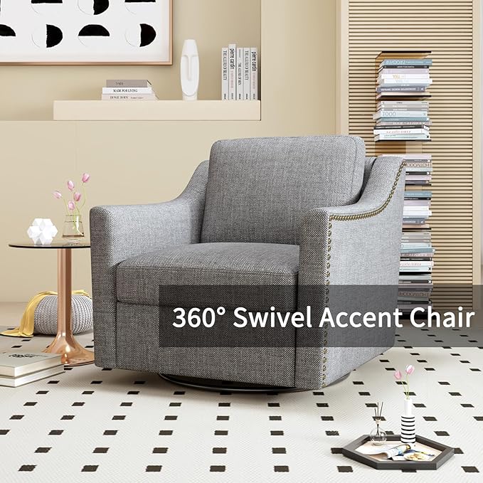 QMIT Cotton Linen Fabric 360° Swivel Accent ChairBarrel Chairs for Bedroom Living Room (Light Gray)