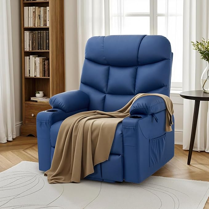 MCombo Power Lift Recliner Chair with Extended Footrest for Elderly People Faux Leather 7287 (Navy Blue Medium)