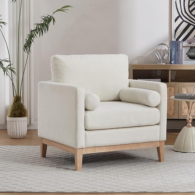 Mlmh &amp Kngwa 35.43 W Modern Accent Chair for Bedroom Upholstered Accent Chairs Single Sofa Chair with Natural Wood Legs Comfy Armchair for Living Room Office Ivory