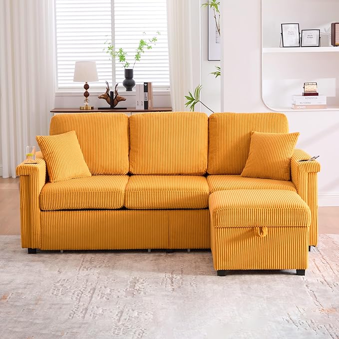 SLEERWAY 76.8 L-Shaped Sofa with Storage Ottoman USB Ports Cup Holders&ampLED Lights Side Pocket Comfy Corduroy Modern 3-Seater Small Couch Bed for Living Room with 2 Throw Pillows (Yellow)