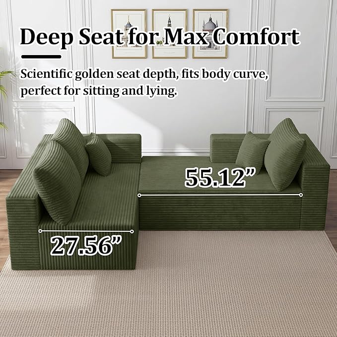 118 Modular Sectional Sofa with Chaise and Ottoman Oversized U-Shaped Corduroy Cloud Couch Deep Seat Boneless Couch for Living Room No-Assembly - Green (Left Facing Chaise)