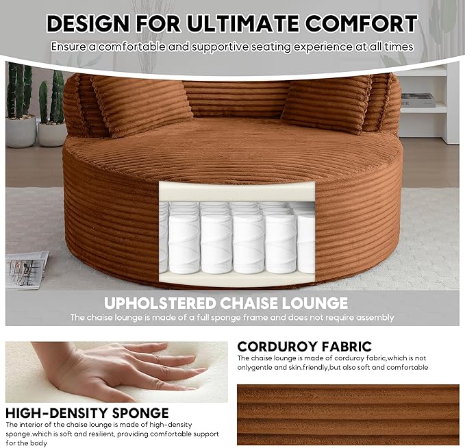 Oversized Round Chair Lounge Chaise Indoor 53.5 Corduroy Boneless Round Chair Fluffy Single Deep Seat Cloud Sofa Chairs Modern Circle Chaise Lounge for Bedroom Living Room Orange