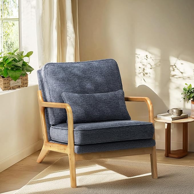 COLAMY Mid Century Modern Accent Chair with Lumbar Pillow Relaxing Armchair with Solid Wood Frame &amp Soft Cushion Reading Leisure Chair for Living RoomBedroomWaiting Room（Blue）