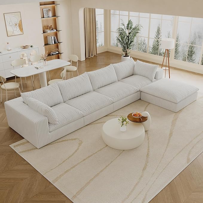 157.6 Modular Sectional Sofa Cloud Couch with Ottoman Modern Fluffy Boneless Couch Deep Seat Upholstered Sofa for Living Room Furniture Bedroom and Apartment (White 4S &amp L Shape) | Plush Cord