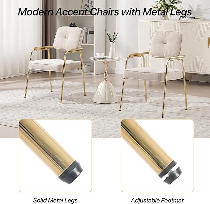 Accent Chair Dining Chair Set of 2 Chenille Upholstered Armchair Reading Side Chair Comfy Living Room Chair with Gold Metal Legs for Bedroom Waiting Room Beige