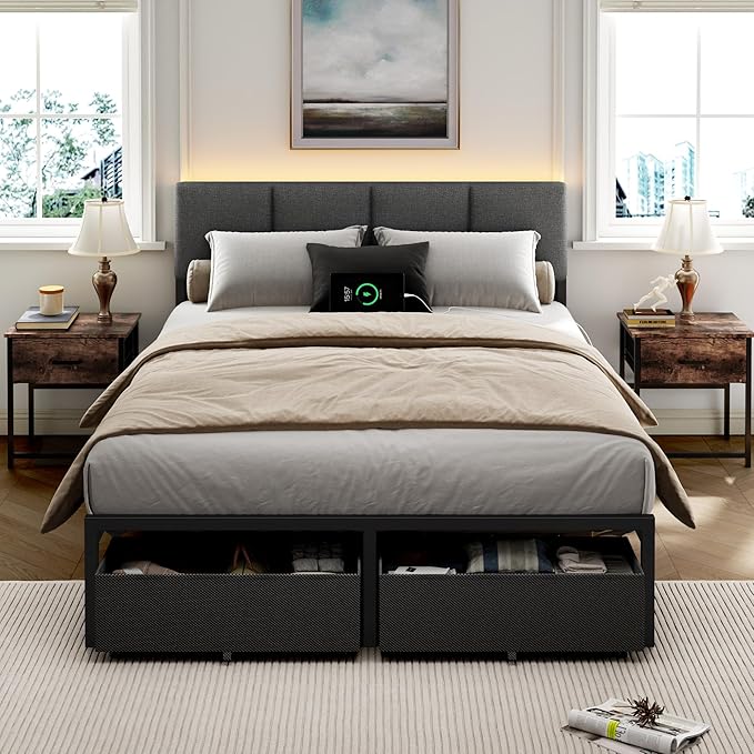 Furnulem Full Size Bed Frame with Headboard Upholstered Full Bed Frame with LED Light USB Charging Station Platform Bedframe with 2 Fabric Underbed Storage Drawers No Spring Box Needed