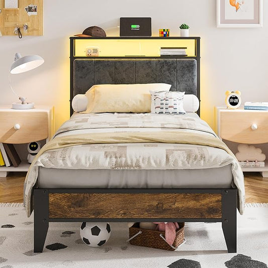 OLEVS Twin Bed Frame with LED Light Storage Headboard and Charging Station Type C Metal Platform Bed Twin SizeNo Box Spring Needed Noise Free Easy Assembly