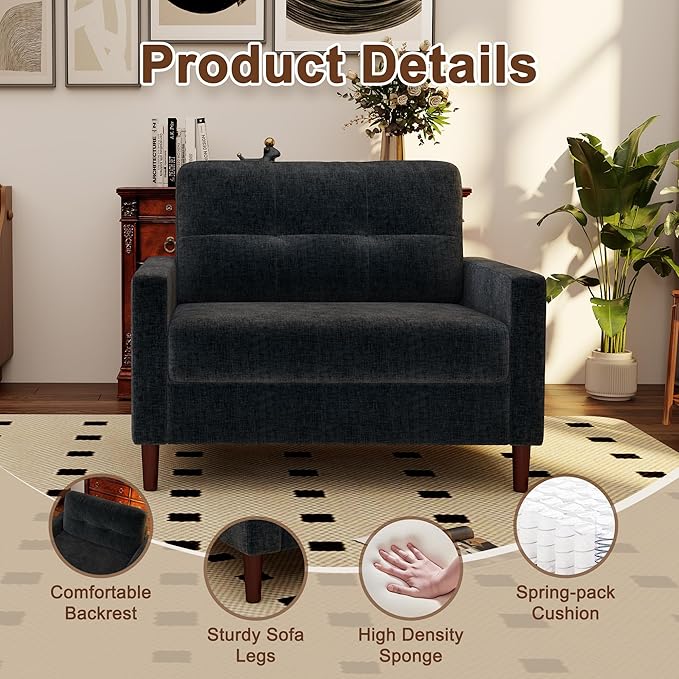 Mid Century Modern Accent Chair Chenille Sofa Chairs for Living Room Comfy Upholstered Armchair Reading Chair for Bedroom Apartment Studio Office Reading Spaces（2Pack Dark Grey）