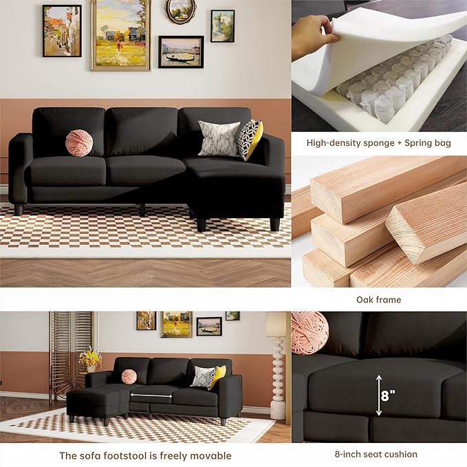 73 Small Sectional Sofa with Reversible Chaise Linen Fabric L-Shaped Couch with Solid Oak &amp Iron FrameHigh-density Sponge Spring Seat CushionRemovable Sofa Cover Compact Apartments and Studios