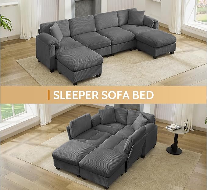 DRMBOOK 140.6'' U Shaped Modular Sectional Cloud Couch Comfy Corduroy 7 Seater Sofa with Curved Armrest Modern Deep Seat Sofa for Living Room (Grey 6 Seat+1 Corner+2 Ottoman)