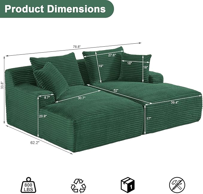 78” Oversized Double Chaise Lounge Indoor Corduroy Sleeper Sectional Couch Upholstered Boneless Cloud Sofa Deep Seat Comfy Plush Chair Bed for Living Room