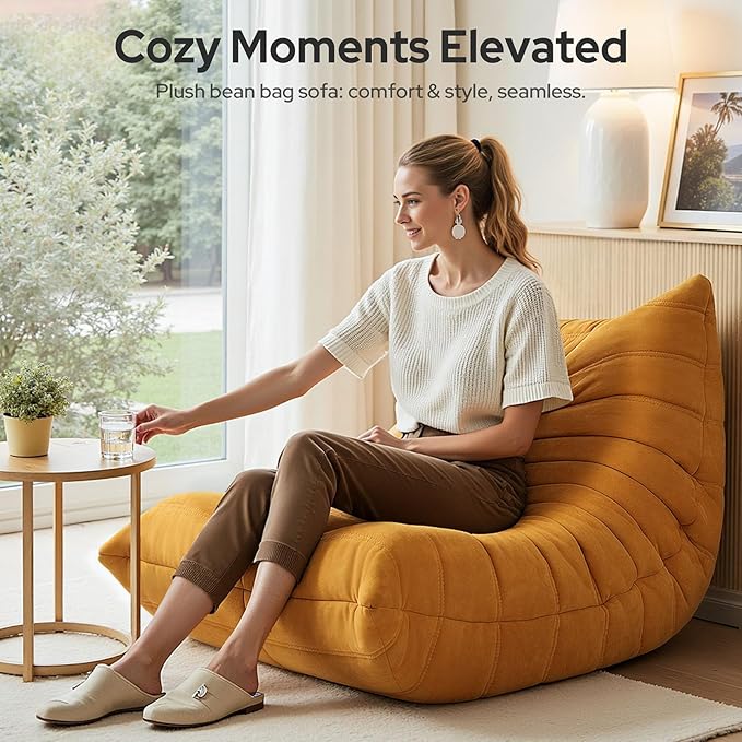High-end Togo Bean Bag Chair Fireside Chair with Yellow Suede Fabric Cover Comfy &amp Soft Lazy Floor Lounge Sofa for Bedroom Living Room Office or Salon