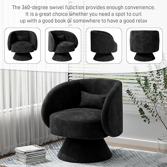 Swivel Barrel Chair Set of 2 Upholstered Swivel Cuddle Accent Chairs for Living Room Comfy 360 Degree Modern Small Round Armchair for Bedroom Office (Black Linen)