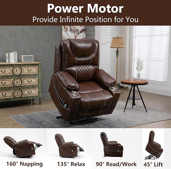 Oversized Power Lift Recliner Chair 400 LBS for Big and Tall Elderly 26 Extra Wide Zero Gravity Electric Recliner Chair with Massage and Heating Leather Home Theater Seat Brown