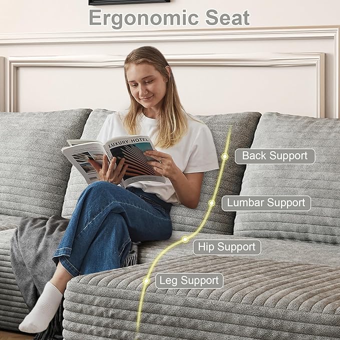 107.5 U Shaped Boneless Couch with Chaise ‌and Ottoman‌ Oversized Modular Sectional Sofa with Deep Seat Corduroy Cloud Couches for Living Room No Assembly Required Grey | Oversized Modular Deep