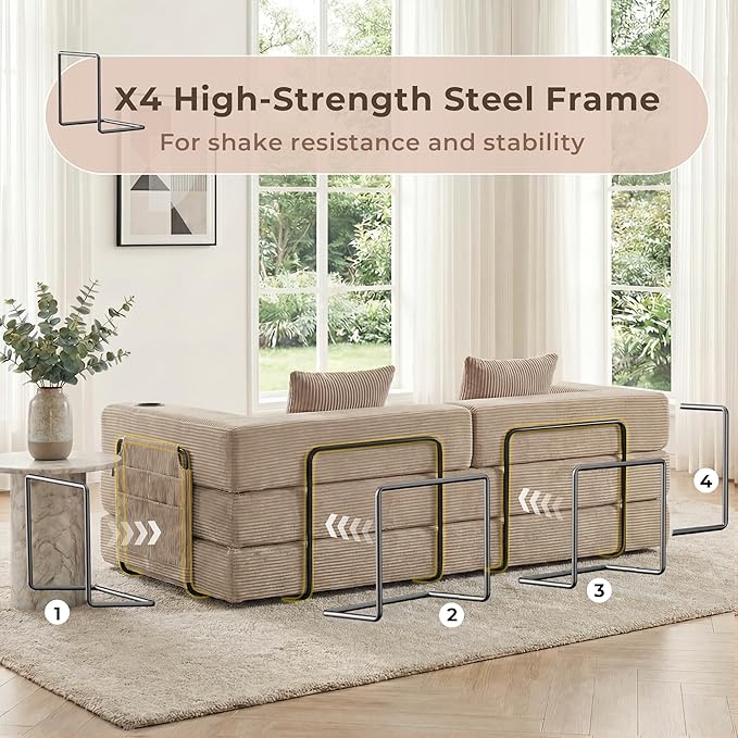 WELAX 72.8 Convertible Sleeper Sofa Bed Boneless Cloud Queen Futon Couches with Cupholders &amp Storage Pockets Corduroy Folding Floor Couch for Bedroom Apartment No Assembly Khaki