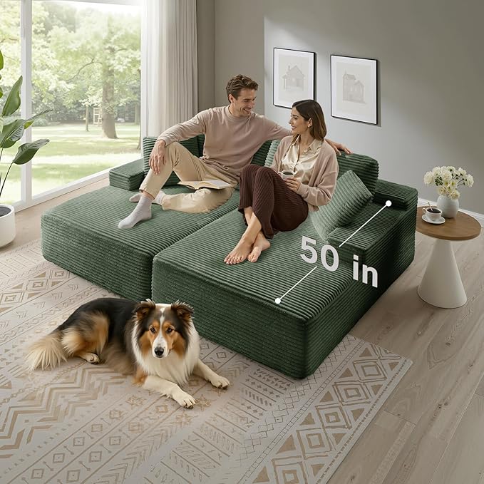 89.3” Oversized Double Chaise Lounge Indoor Green Corduroy Chaise Lounge Chair Upholstered Sleeper Sofa Bed Deep Seat Sleeper Loveseat Reading Chairs Boneless Cloud Couch for Living Room Bedroom
