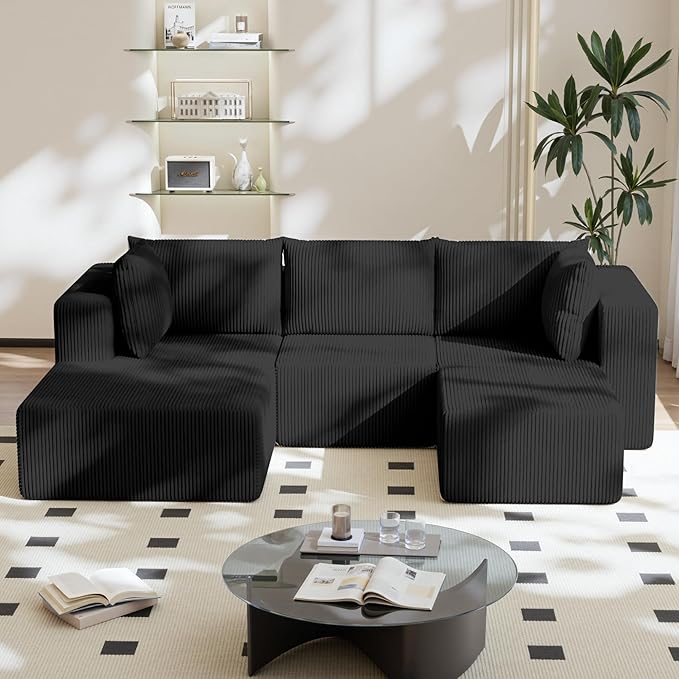 108 Boneless Couches for Living Room Modular Cloud Couch Sofa - 4 Pieces U Shap Corduroy Sectional Sofa Fluffy Memory Foam Sleeper Sofa Furniture No Assembly Wide Armrest Black