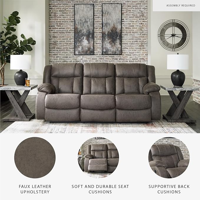 Signature Design by Ashley First Base Contemporary Faux Leather Manual Reclining Sofa Gray