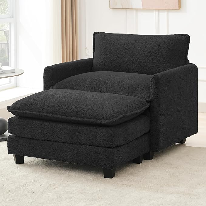 ROWHY Convertible Sectional Couch with Ottoman Single Armchair with armrests Modern Living Room Furniture Set Small Couches for Small Spaces for Living Room Chenille Black