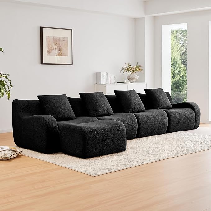 KEIKI 148 L-Shaped Oversized Teddy Modular Sectional Sofa with 1 Ottoman &amp High-Density Foam Cushions &amp Curved Armrest &amp 4 Pillows Streamlined Design Boneless 4-Seater Couch for Living
