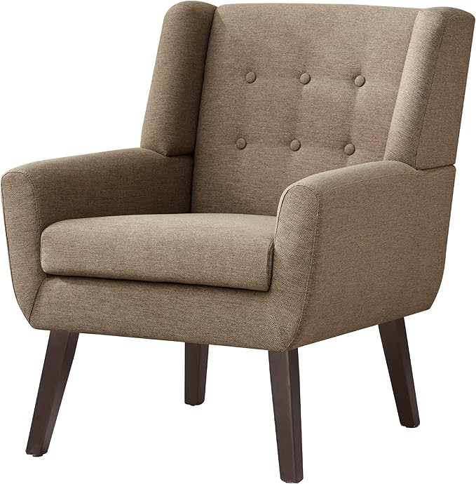 HUIMO Accent Chair Upholstered Button Tufted Armchair Linen Fabric Sofa Chairs for Bedroom Living Room Mid-Century Modern Comfy Reading Chair (4 Brown)