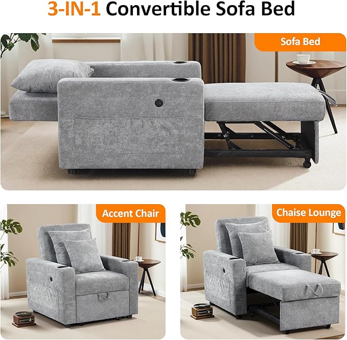 MCombo Convertible Sleeper Chair Bed 3-in-1 Folding Sofa Chair with Adjustable Backrest Pull-Out Bed with USB Port Cup Holders Linen Fabric for Small Spaces Living Room Guest Room Office VN6001