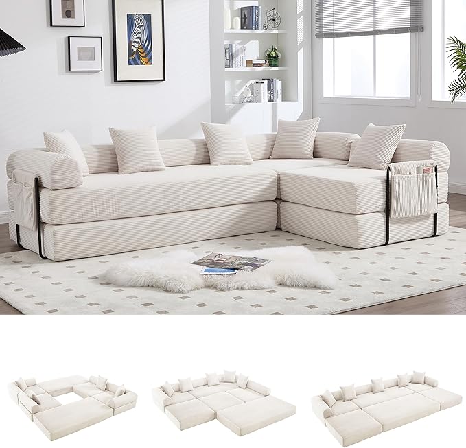 Oversized Modular Cloud Couch for Living Room Corduroy L-Shaped Sectional Sleeper Sofa Bed with Fixed-Shape Frame Modern Boneless Couch with Pillows &amp Storage Beige White