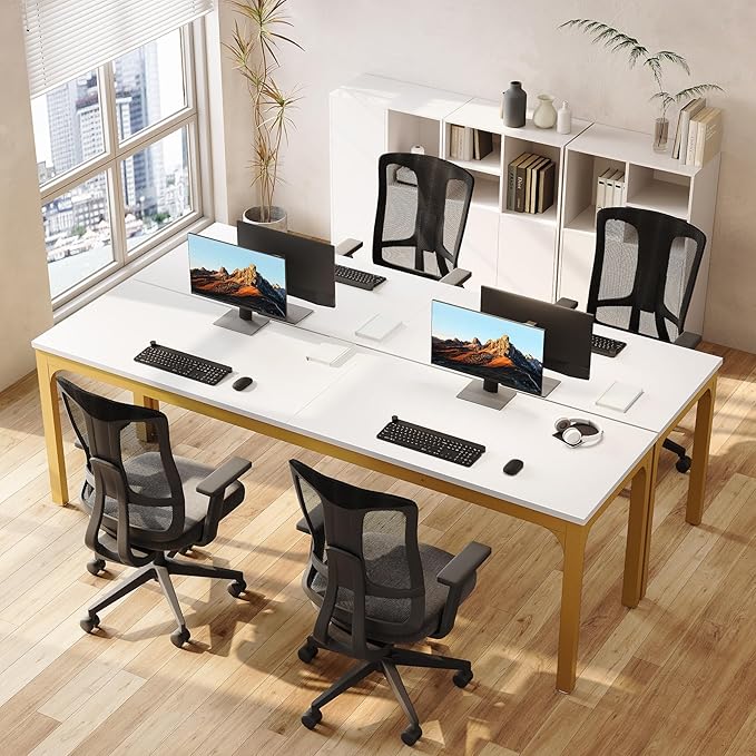 LITTLE TREE 78.7-Inch Ultra Long Two-Person Desk Writing Gaming Work Computer Double Desk for Home Office White + Gold