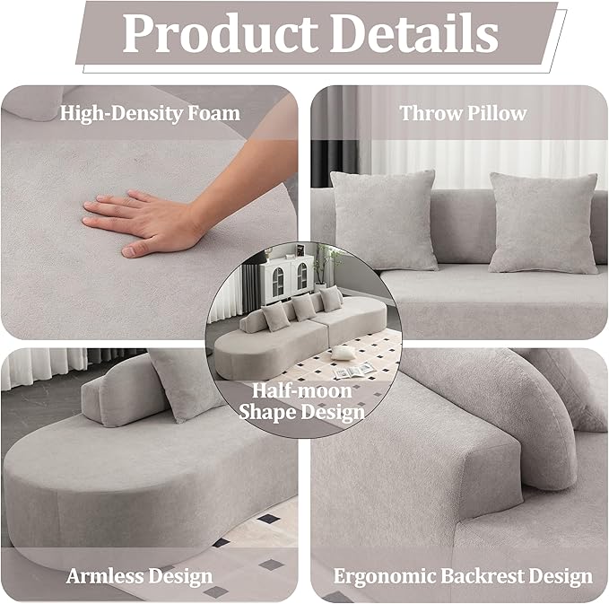 130'' Curved Modular Sectional Long Sofa Modern Cloud Boneless Deep Seat Couch Plush Terry Cloth Compressed Upholstered Lounge Sofa for Living Room No Assembly Required Light Grey 3 Pillows