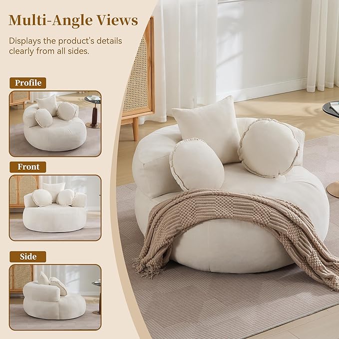 Round Oversized Chair Floor Sofa Chair Chenille Compressed Circle Chaise Lounge No Assembly Boneless Barrel Chair Lazy Bean Bag Couch Accent Chair for Living Room Bedroom DormBeige