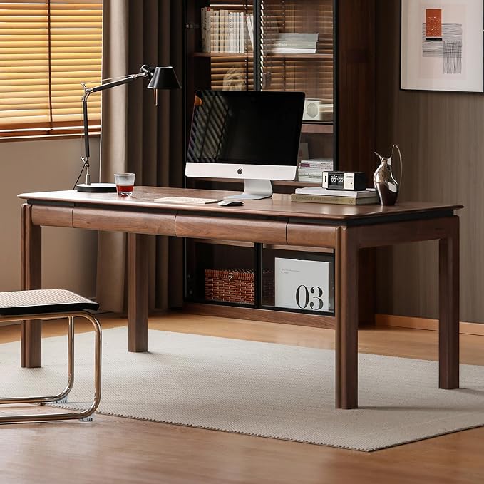 YESWOOD 100% Solid Wood Desk Mid Century Modern Walnut Color Home Office Desk Sturdy Computer Desk Writing Desk with 2 Drawers for Study Living Room 55.11 W