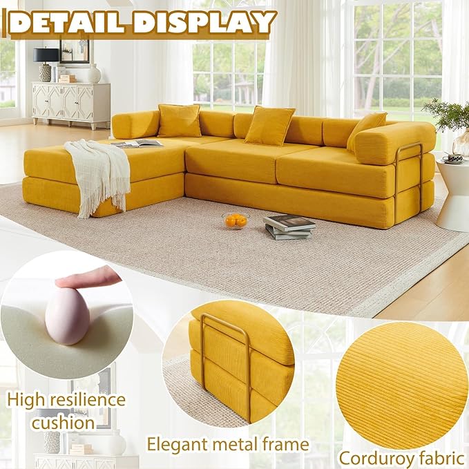 Convertible Folding Sofa Bed Modern Futon L Shaped Sleeper Sofa Fold Out Couch Bed with Gold Fixed Frame Modular Floor Sofas Comfy Corduroy Boneless Couches for Living Room (108 Yellow)
