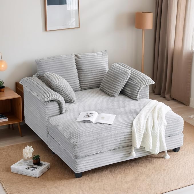 VINGLI Lounge Chair 56 Oversized Reading Chair Corduroy Chaise Sofa Recliner Bed Upholstered Comfy Sleeper Couch with Throw Pillows and Armrests for Living Room Movie Room Bedroom