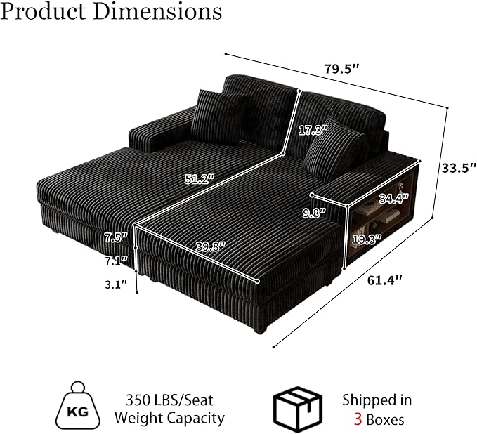 79.5 Oversized Double Chaise Lounge Chair Indoor Modern Upholstered Sleeper Sofa Bed with 2 Storage Armrests and Throw Pillows Comfy Fluffy Corduroy Couch (Black 79.5 Double Chaise)