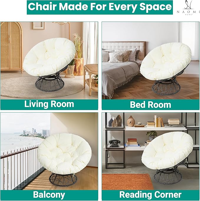 Naomi Home 40” Papasan Chair Indoor with Cushion and Frame – Round Wicker Papasan Chair with Thick Tufted Cushion Sturdy Metal Base Large Reading Chair for Bedroom &amp Living Room Cream