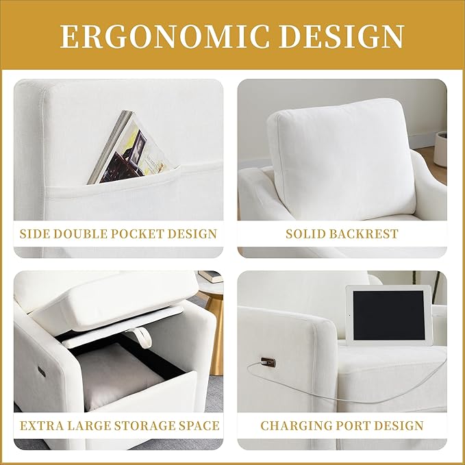Swivel Accent Chair 360° Swivel Comfy Upholstered Seat for Living Room Bedroom Office with Hidden Storage &amp Dual USB-C Ports Chenille Fabric 300lbs Capacity White
