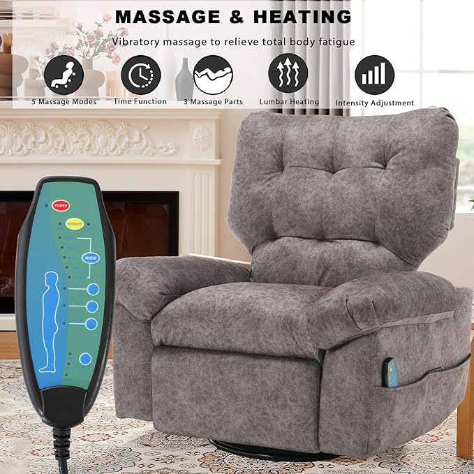 Rocker Recliner Chair for Adults Soft Lazy Boy Recliner Chair with Heat&amp Adjustable Backrest Footrest Oversized Massage Recliner Chair with Swivel and Side Pocket for Living Room Bedroom (Grey)