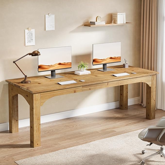 Solid Wood 2-Person Desk 79-Inch Extra Long Desk Double Computer Writing Table Farmhouse Large Table Writing Workstation for Home Office Natural Brown