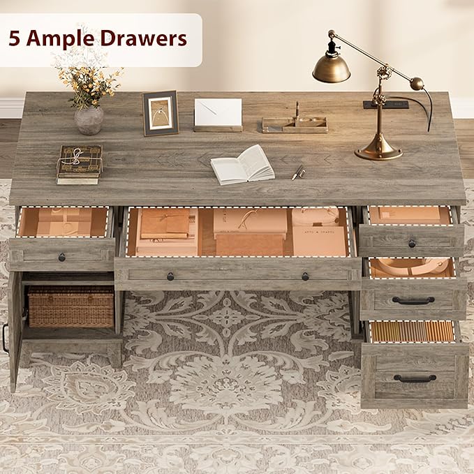 IDEALHOUSE Extra-Large Double Workstation Desk Spacious Home Office Desk with Adjustable Storage Cabinets Full-Extension File Drawers &amp Built-in Charging Station for Shared Work/Study Retro Gra